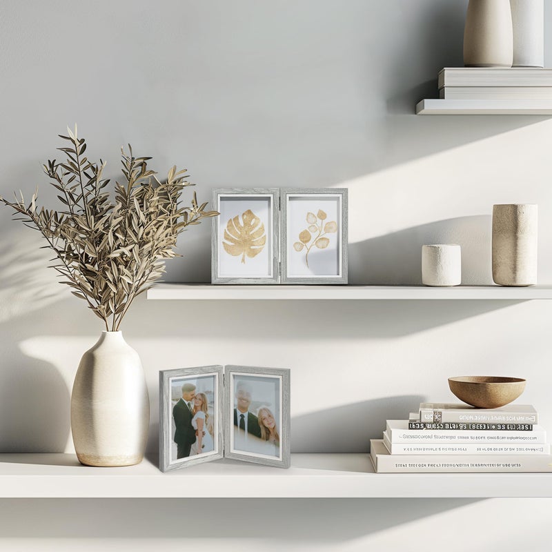 Afuly 4x6 Picture Frame Double Picture Frames 4 by 6 Grey Hinged Photo Frames Modern Wooden Frame Desk Vertical 2 Openings Display Gifts for Chirstmas Wedding Birthday Grandma Women Mom Friends - Image 5